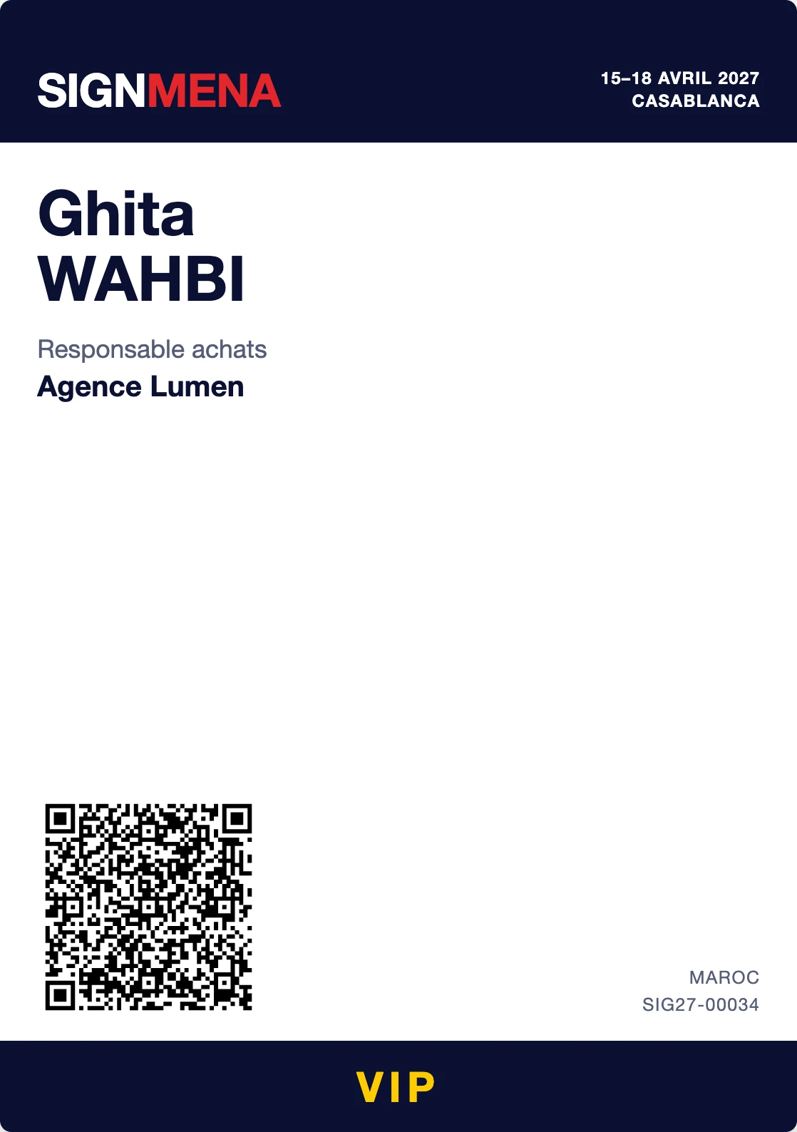 SIGNMENA VIP badge printed by badging.ma, with a signed QR code