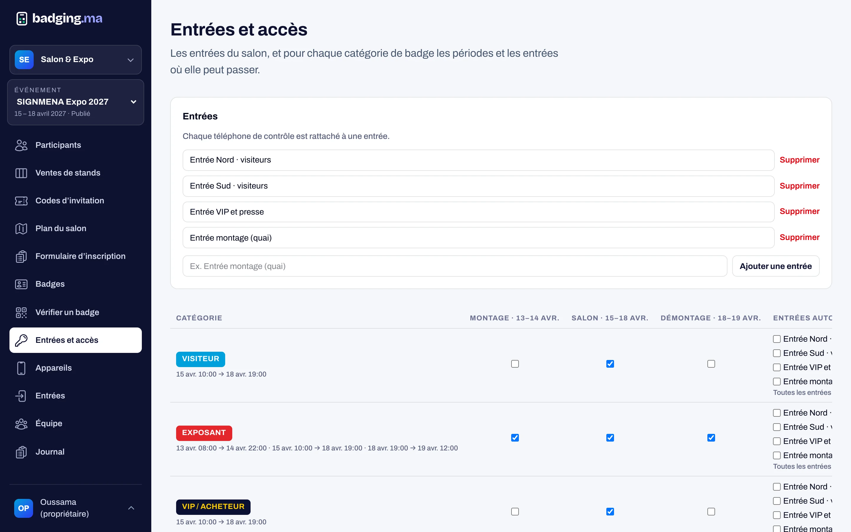 Access rules per category, day and entrance in the badging.ma console