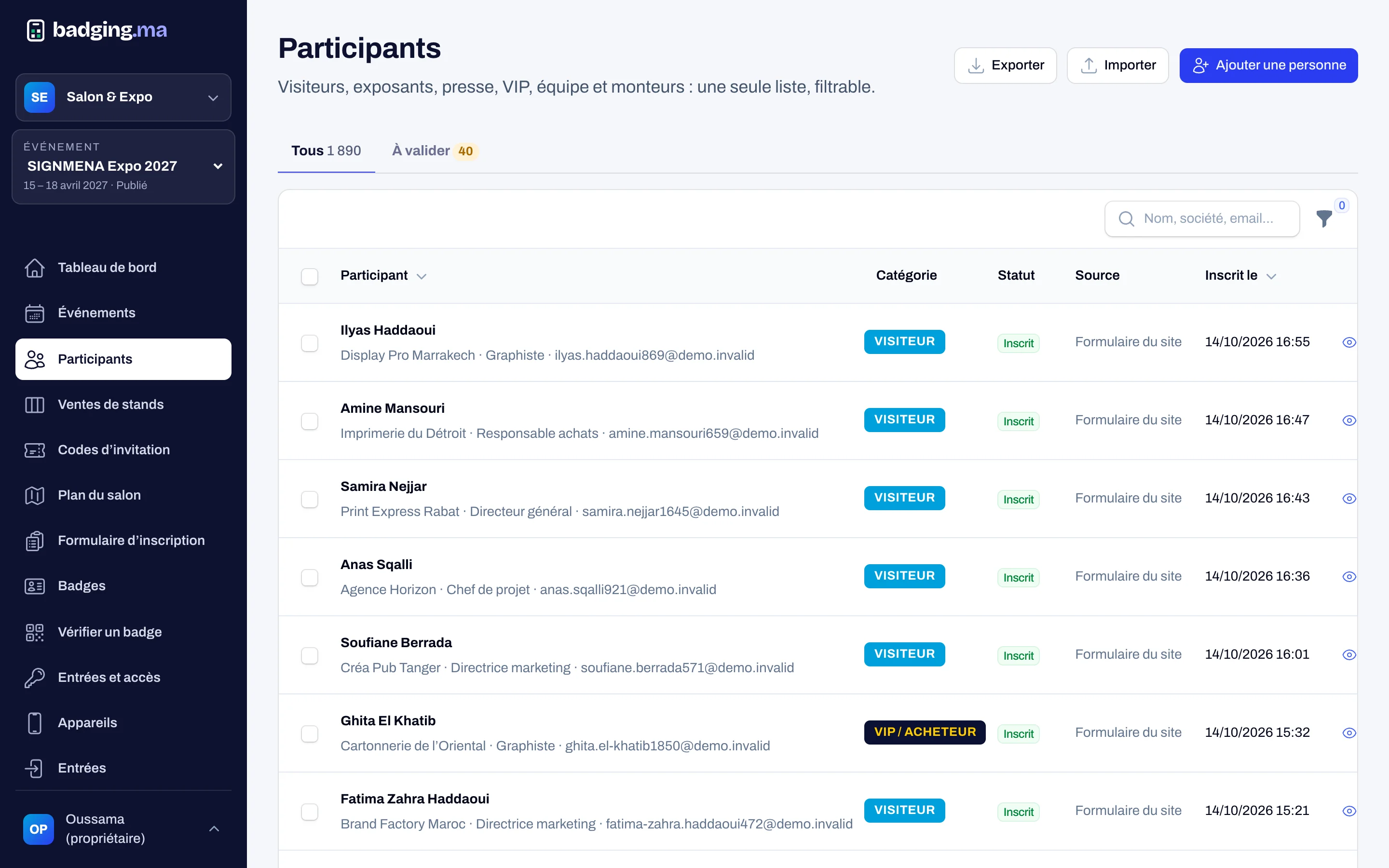 Attendee list in the badging.ma console: categories, statuses and registration sources