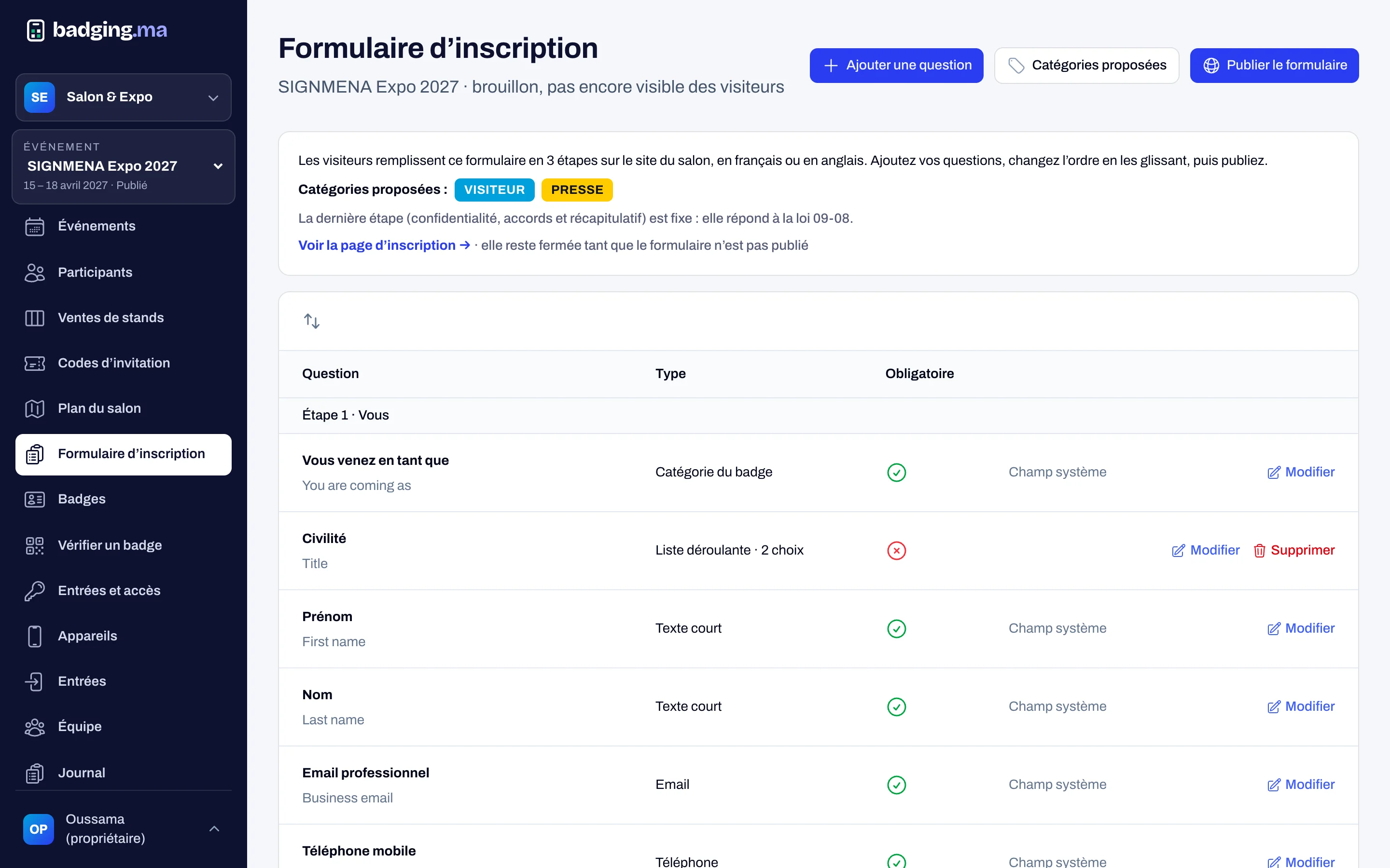 Registration form builder in the badging.ma console