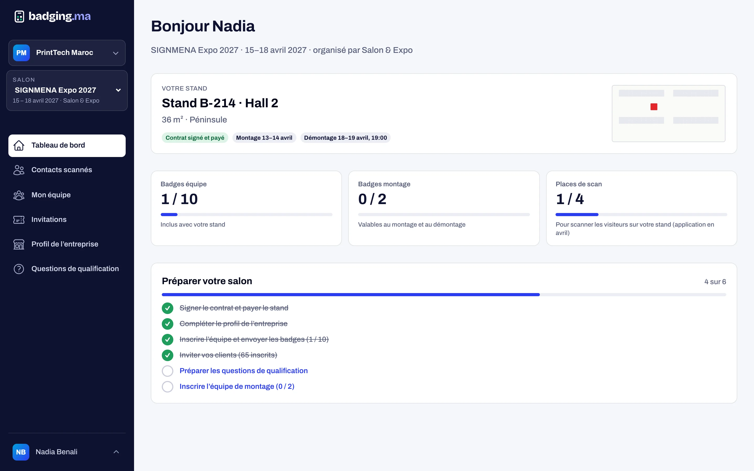 Exhibitor space dashboard with the stand, quotas and task list