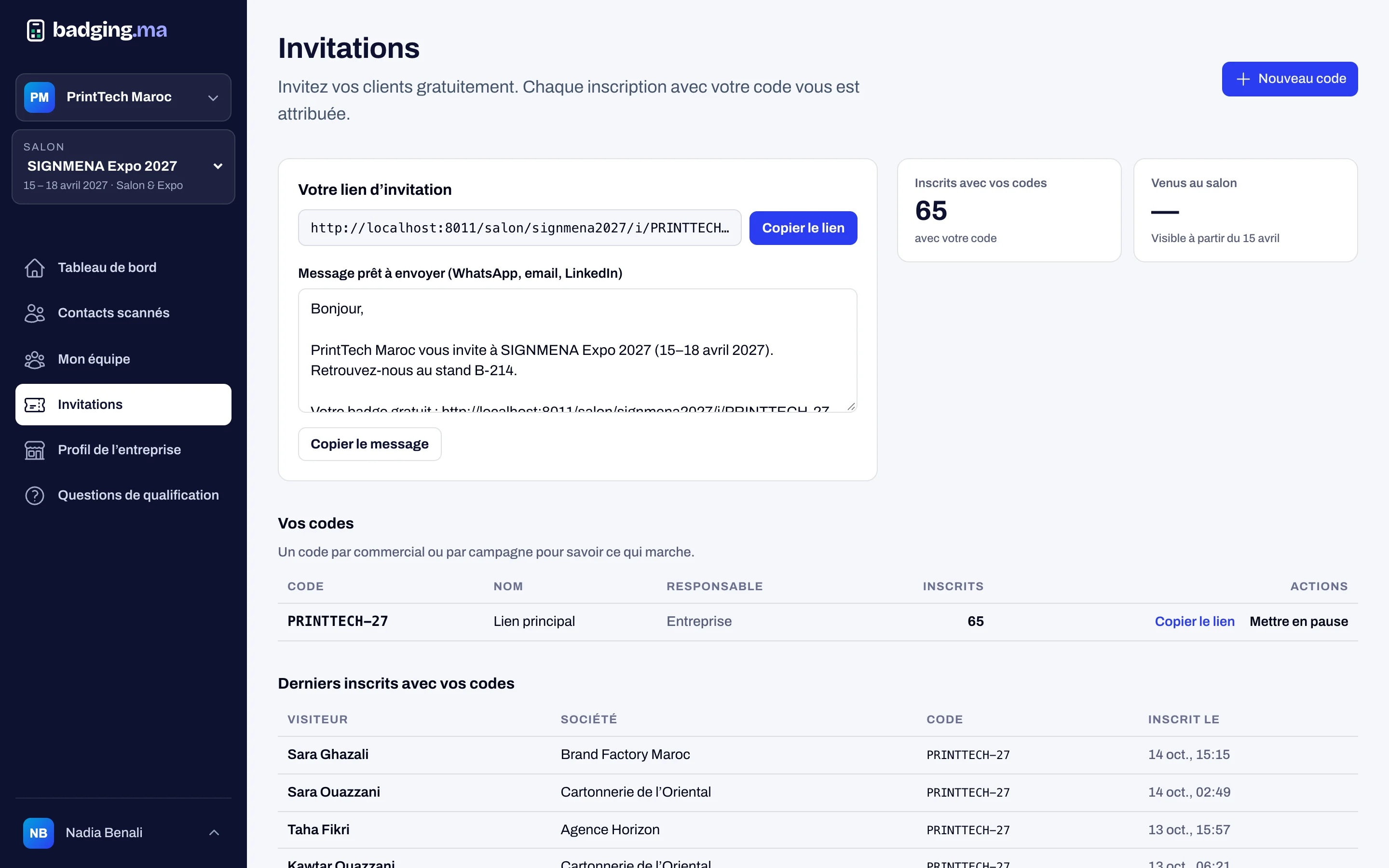 An exhibitor’s invitations with their code and registrations
