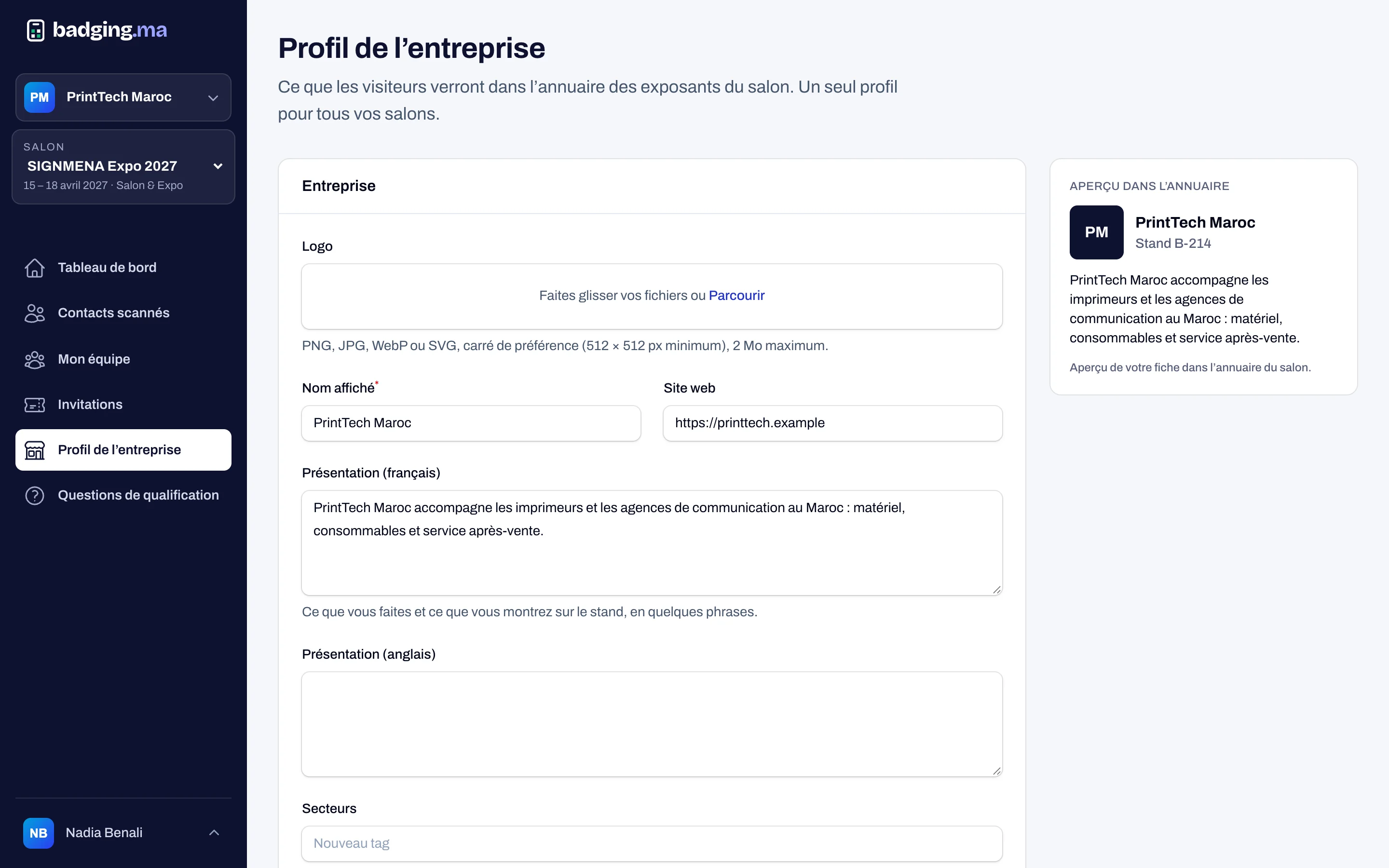 Exhibitor company profile for the directory