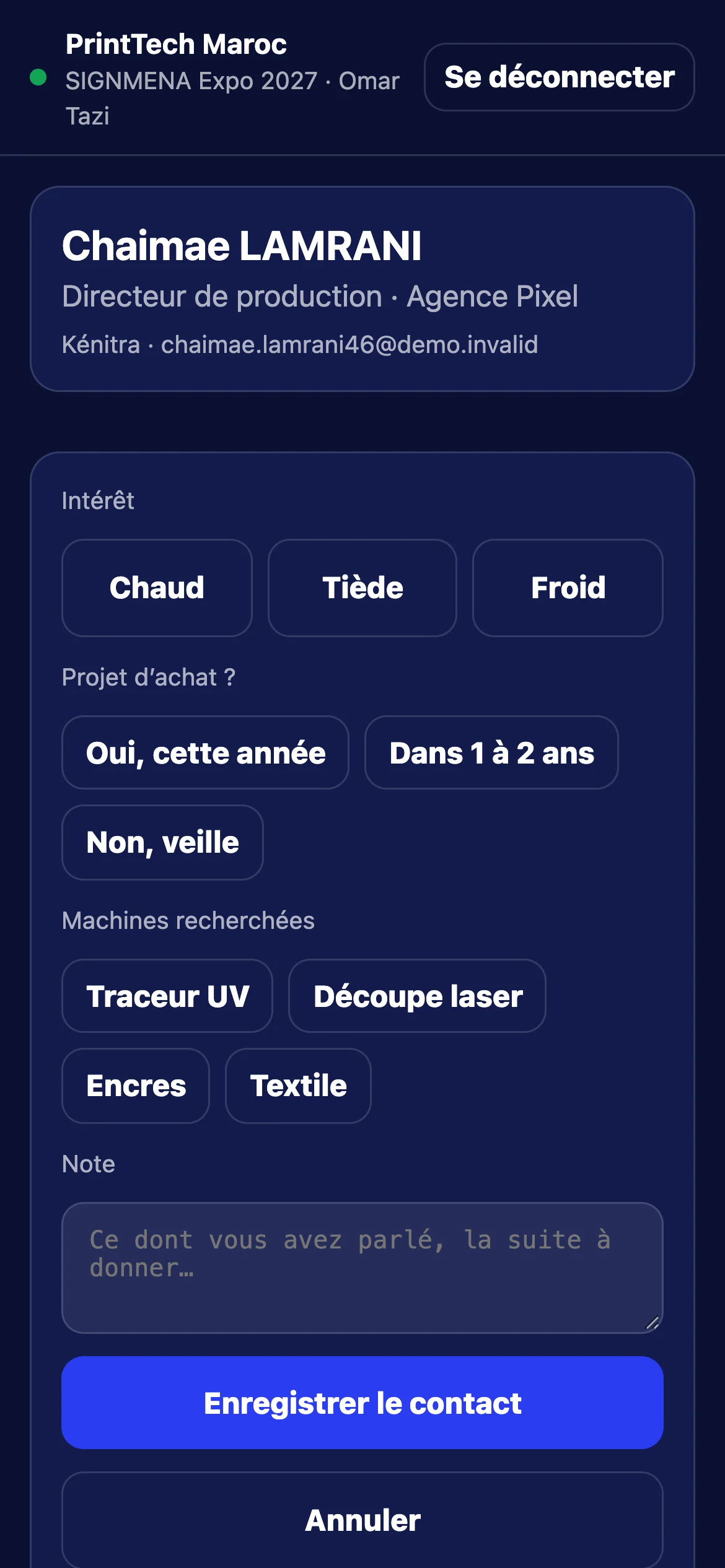 Application de scan exposant : fiche d’un visiteur avec intérêt et questions