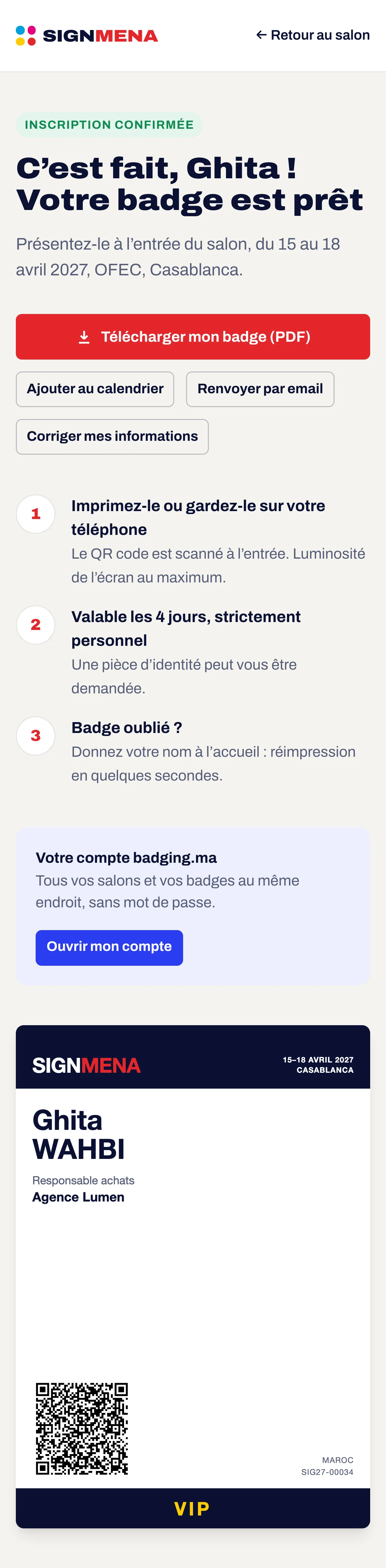 A visitor’s badge page on a phone