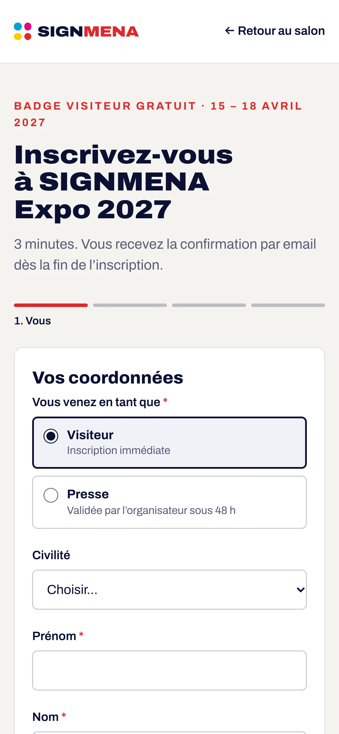 Formulaire d’inscription sur téléphone