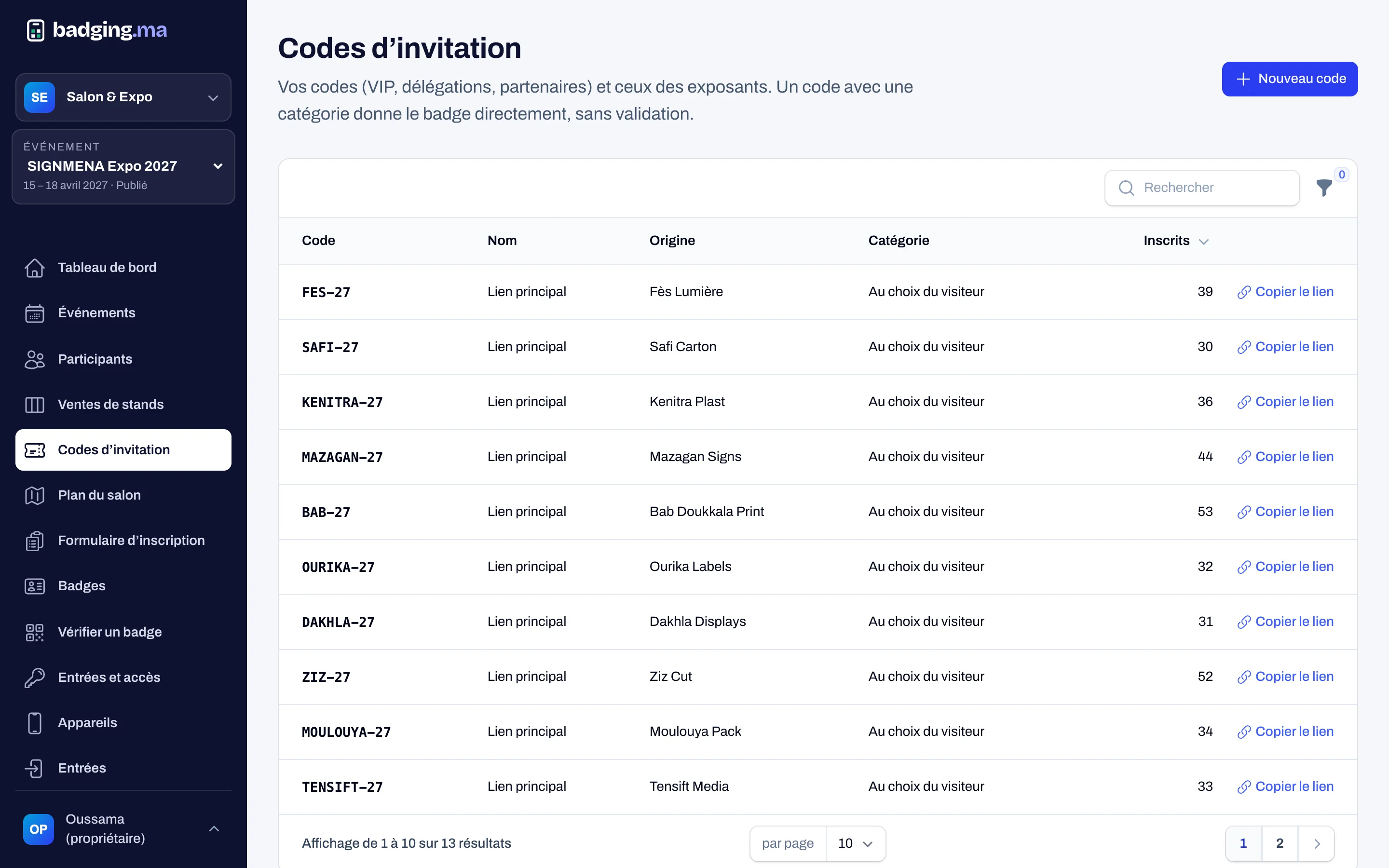Liste des codes d’invitation et du nombre d’inscrits