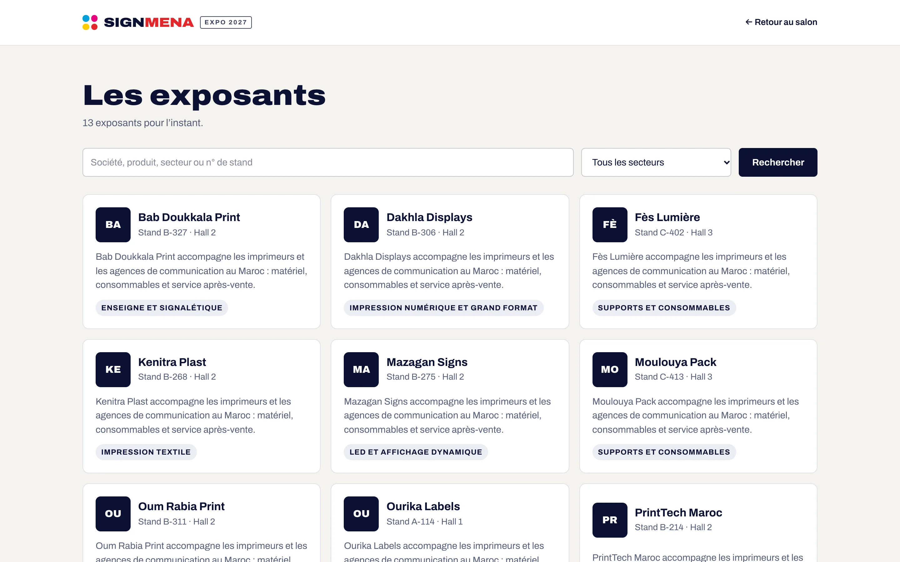 Exhibitor directory on the show site