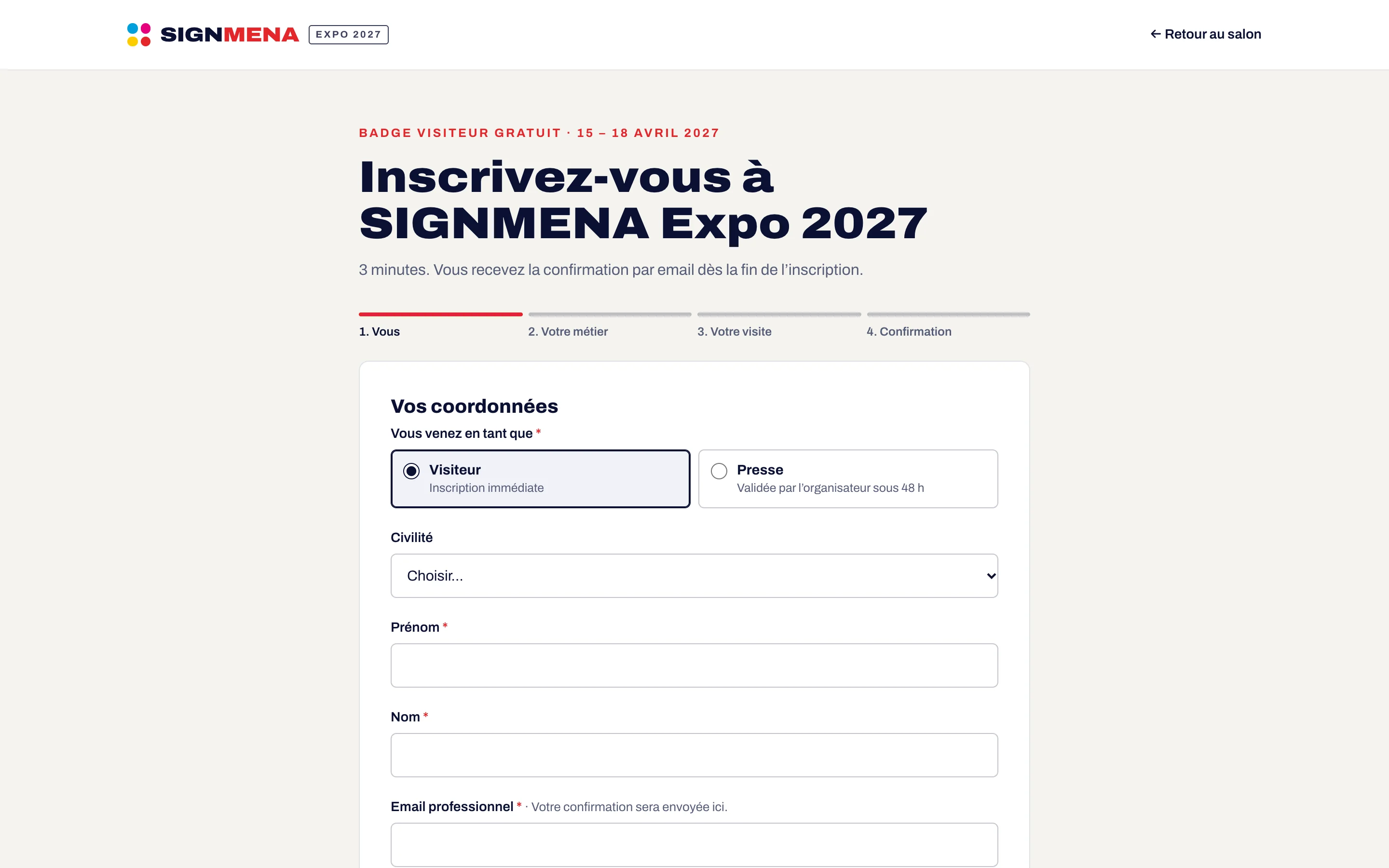 Visitor registration form on the show website