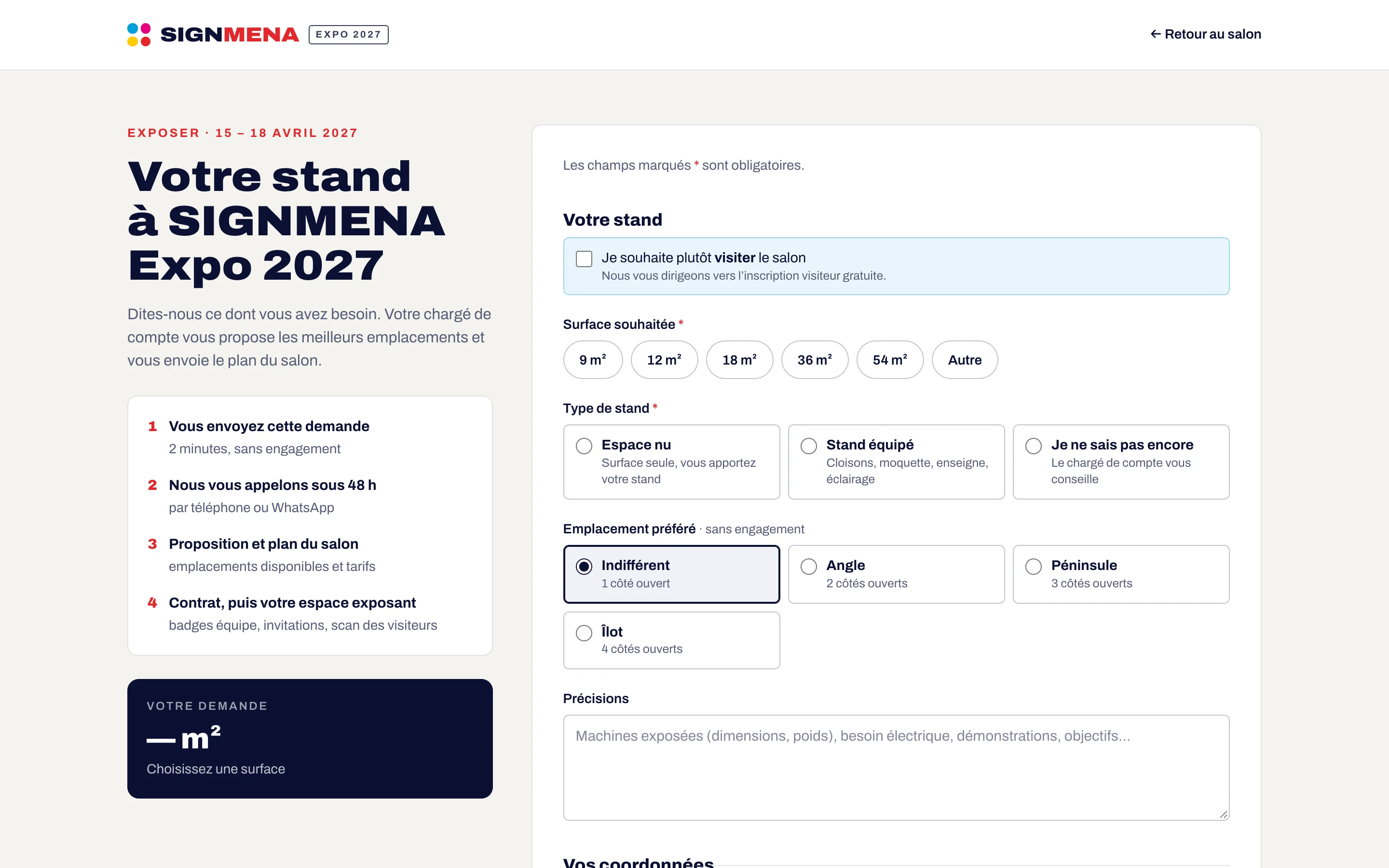 Stand request form on the show website